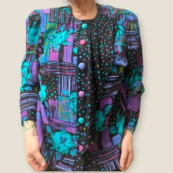 Vintage 80’s/90’s Colorful floral polka dot Living color geometric hip hop top - Picture 8 of 11